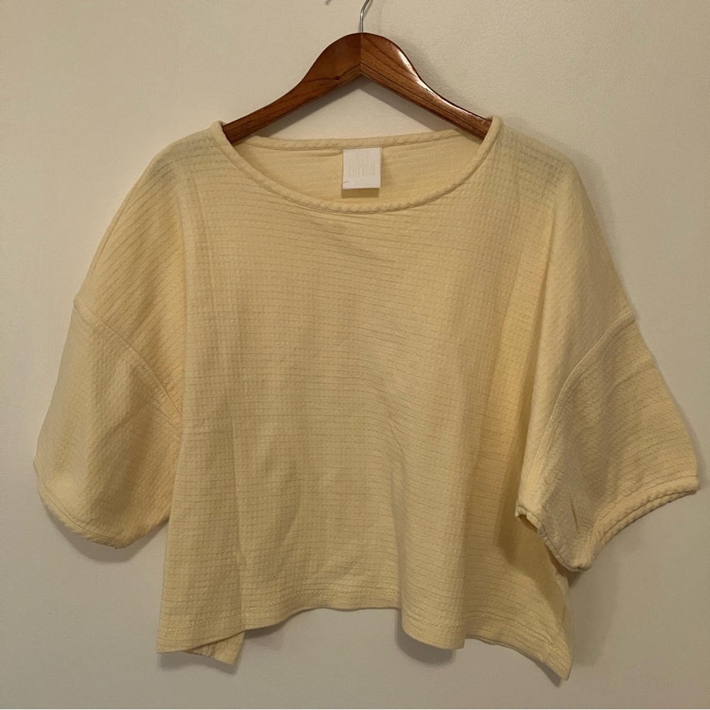 Hot Cotton Short Sleeve Shirt Sz L Waffle Knit Yellow Woven Boxy Oversized USA